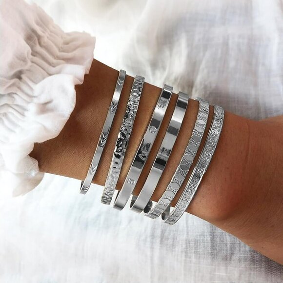 SILVER Bangles for Women, Open Adjustable Bangle Bracelets Multi Layer​ - Picture 2 of 9